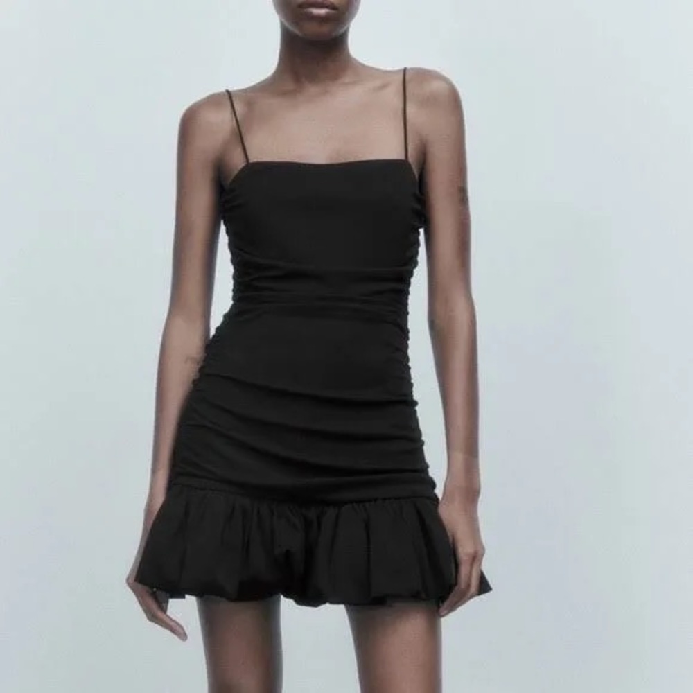 Zara Black Ruched Mini Dress with flounce bottom